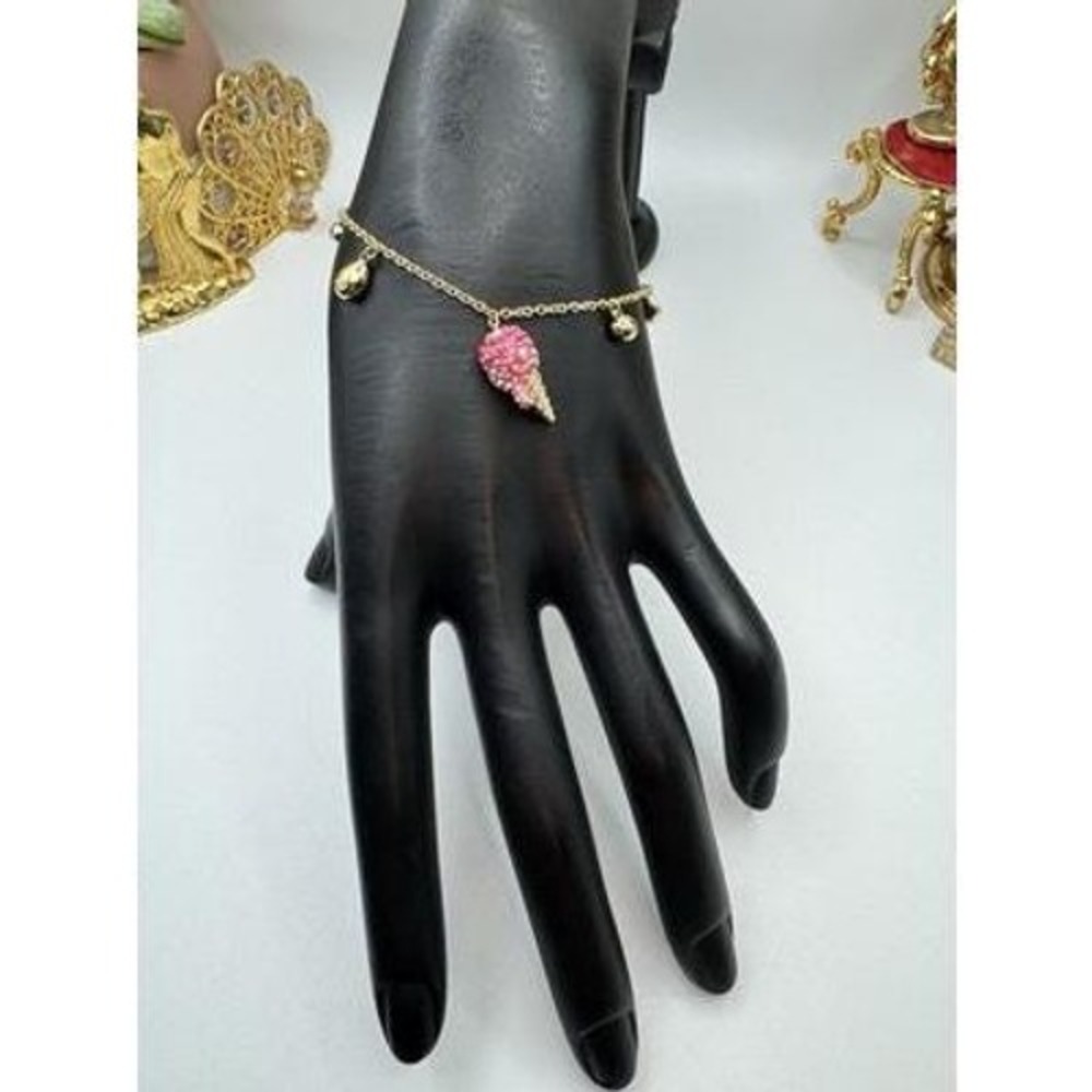 Swarovski No Regrets Pink Ice Cream Cone Gold Plating Chain Bracelet Signed